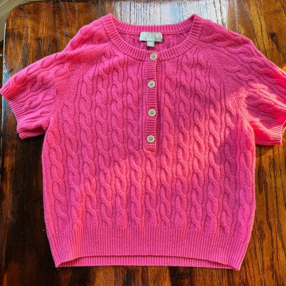 J. Crew Hot Pink Cashmere Henley Short Sleeve Cable Knit Sweater - Picture 2 of 6